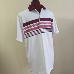 BONOBOS GOLF Men Slim Fit Polo White Shirt Burgundy Stripe Short Sleeve Medium